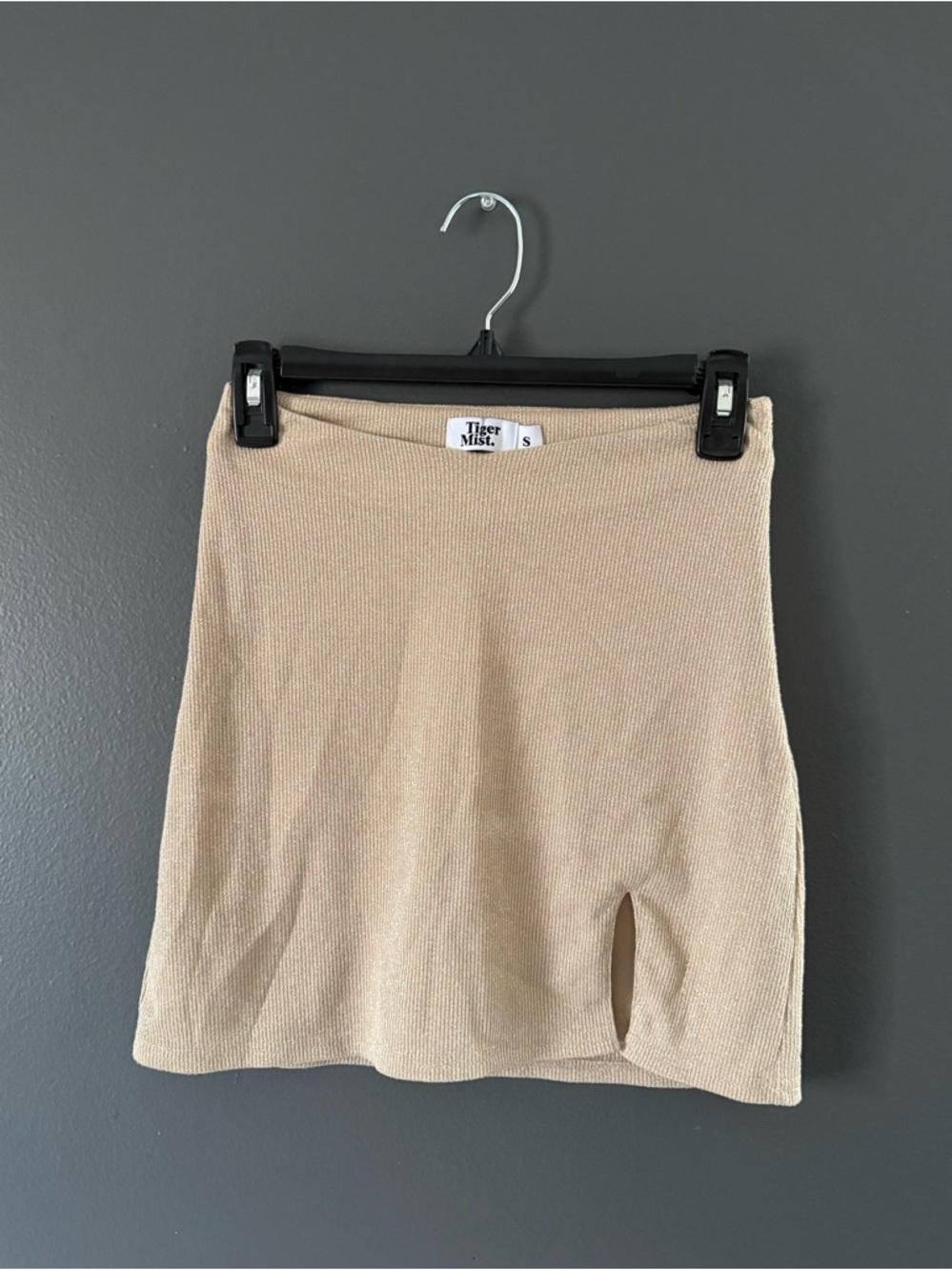 Tiger Mist Tan Ribbed Mini Skirt with Front Slit
